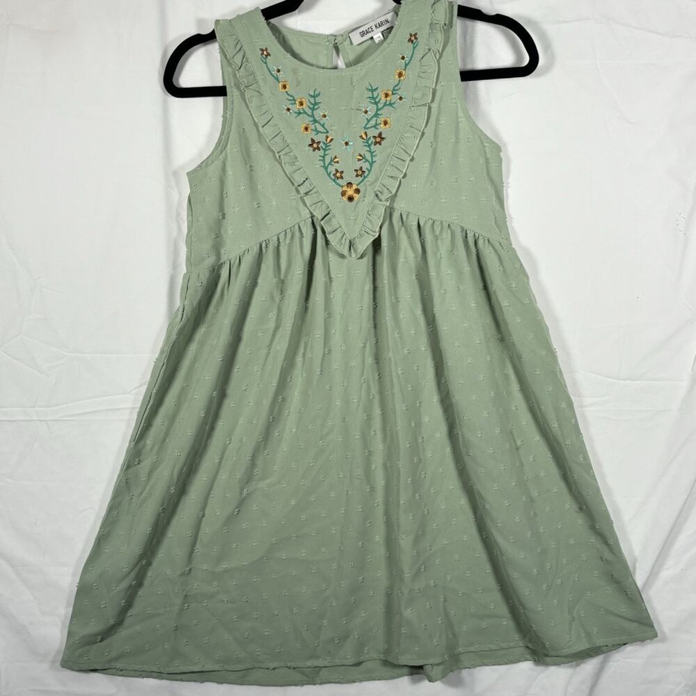 Girl's Floral Embroidered Green Sleeveless Dress w/ Ruffle Pleated Details Sz12Y